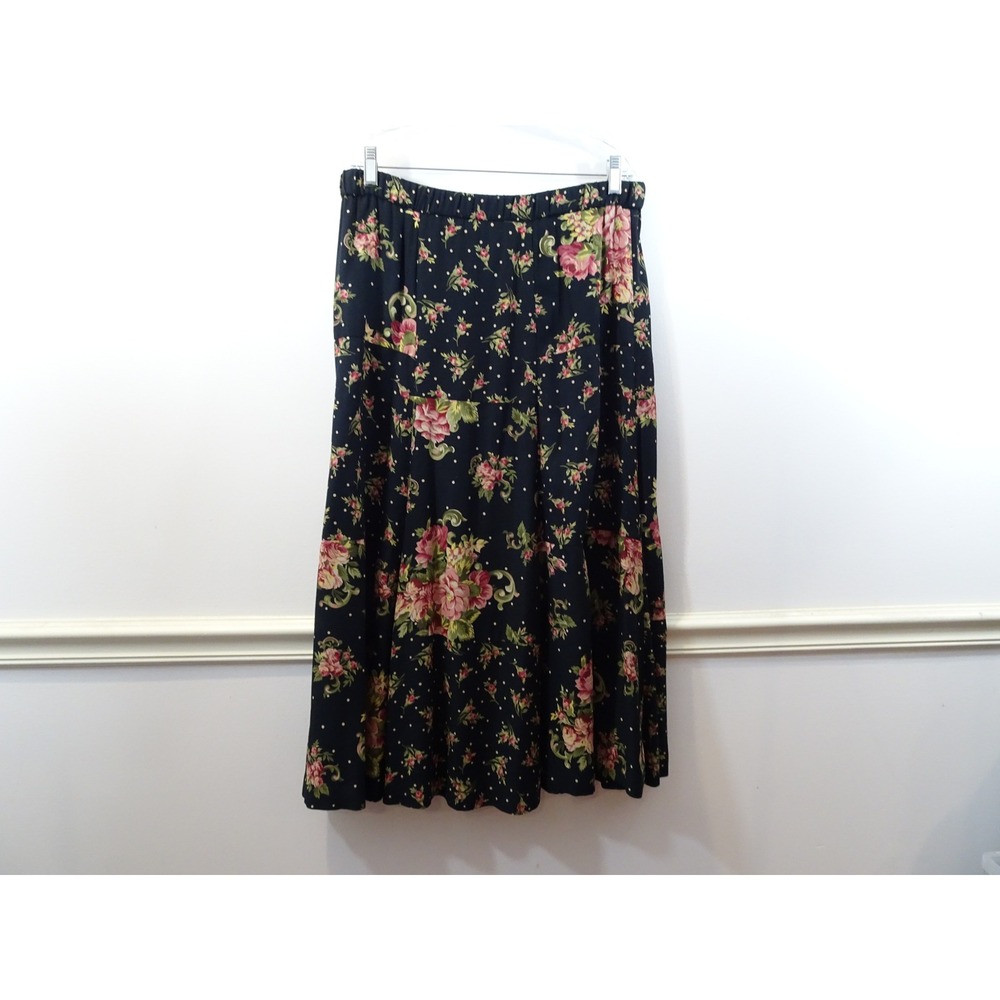 Vintage Susan Bristol Floral Polka Dot Midi Skirt Rayon Elastic Waist Size 6